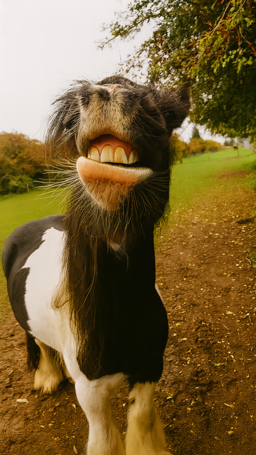 Jasper, our black-and-white cob horse and one of the faces behind the AG Rural Solutions logo, enjoying life at Four Winds Yard in Lincolnshire.