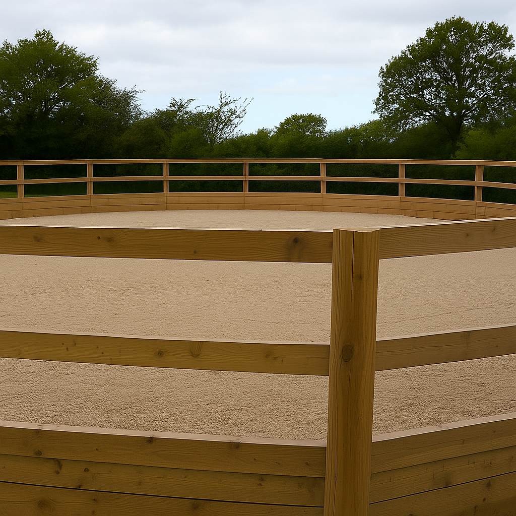 Illustration of a compact round pen for horse training, featuring circular post-and-rail fencing, a level sand surface, and rural surroundings — typical of AG Rural Solutions equestrian builds in Lincolnshire and across the UK.