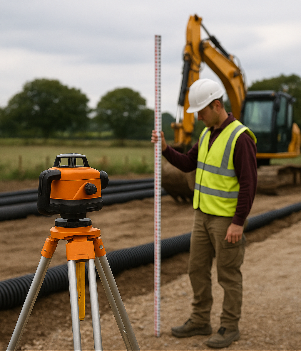 AG Rural Solutions conducting an equestrian arena drainage inspection and laser level check in Lincolnshire — part of our stage-by-stage consultancy service.
